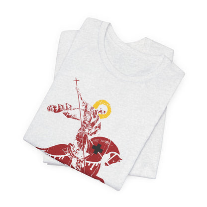 Two folded white “Those Who Mourn Over Their Sins” lightweight cotton tees, each featuring a striking IconoGraphic print of St. George slaying the dragon—an image inspired by St. John Climacus that evokes the godly sorrow and spiritual mourning central to Orthodox Christian tradition.