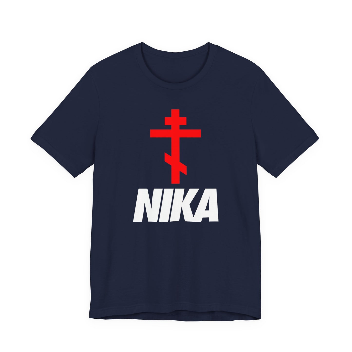 Navy Orthodox Cross with bold white NIKA text, inspired by traditional iconography and NIKE logo mashup. Minimalist athletic ascetic Christian t-shirt celebrating “Jesus Christ Conquers.”.