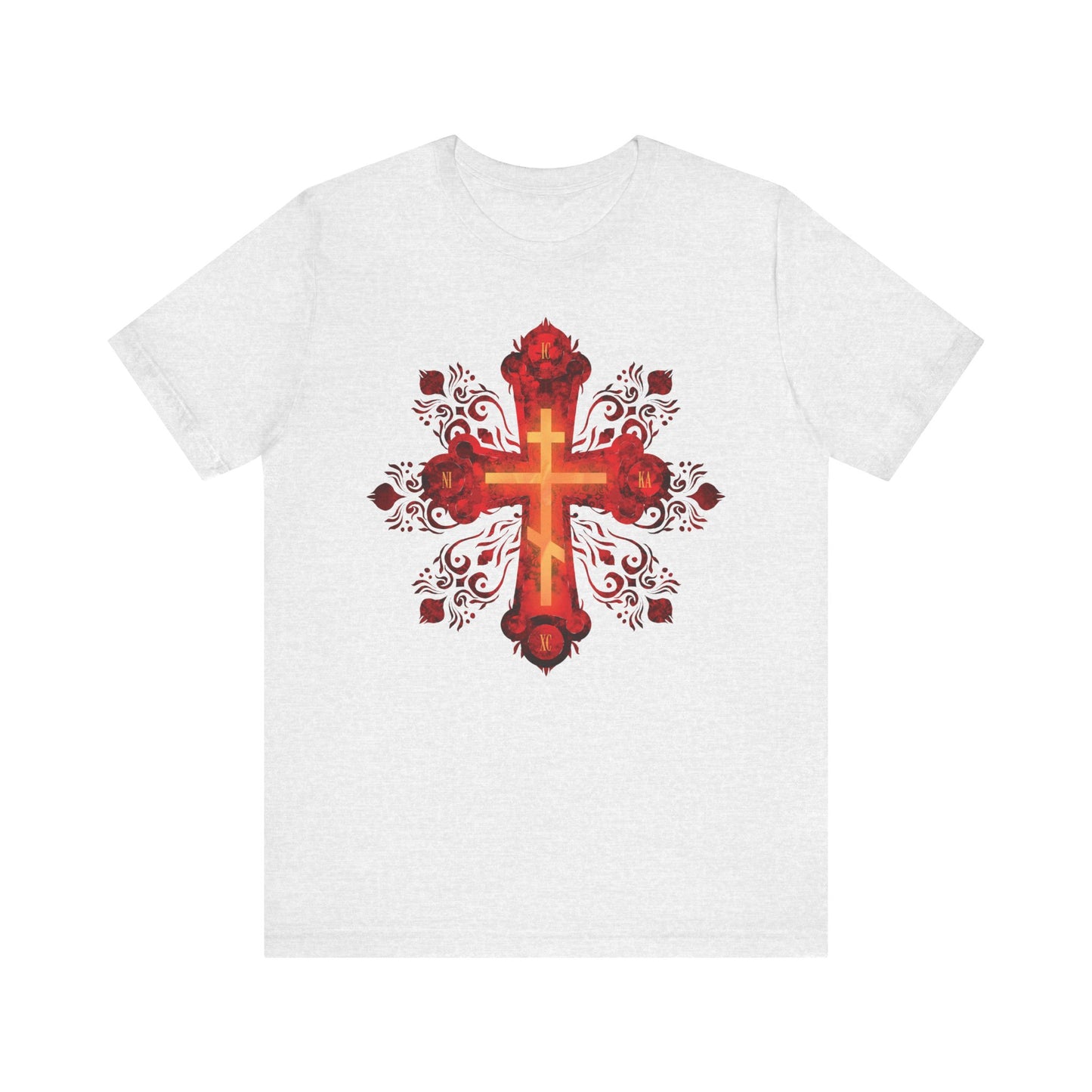 Ash lightweight cotton unisex tee featuring a red and gold ornate Russian-style Orthodox cross with "He was pierced for our transgressions"—a nod to faith and inspired by the spirit of a Christian warrior.