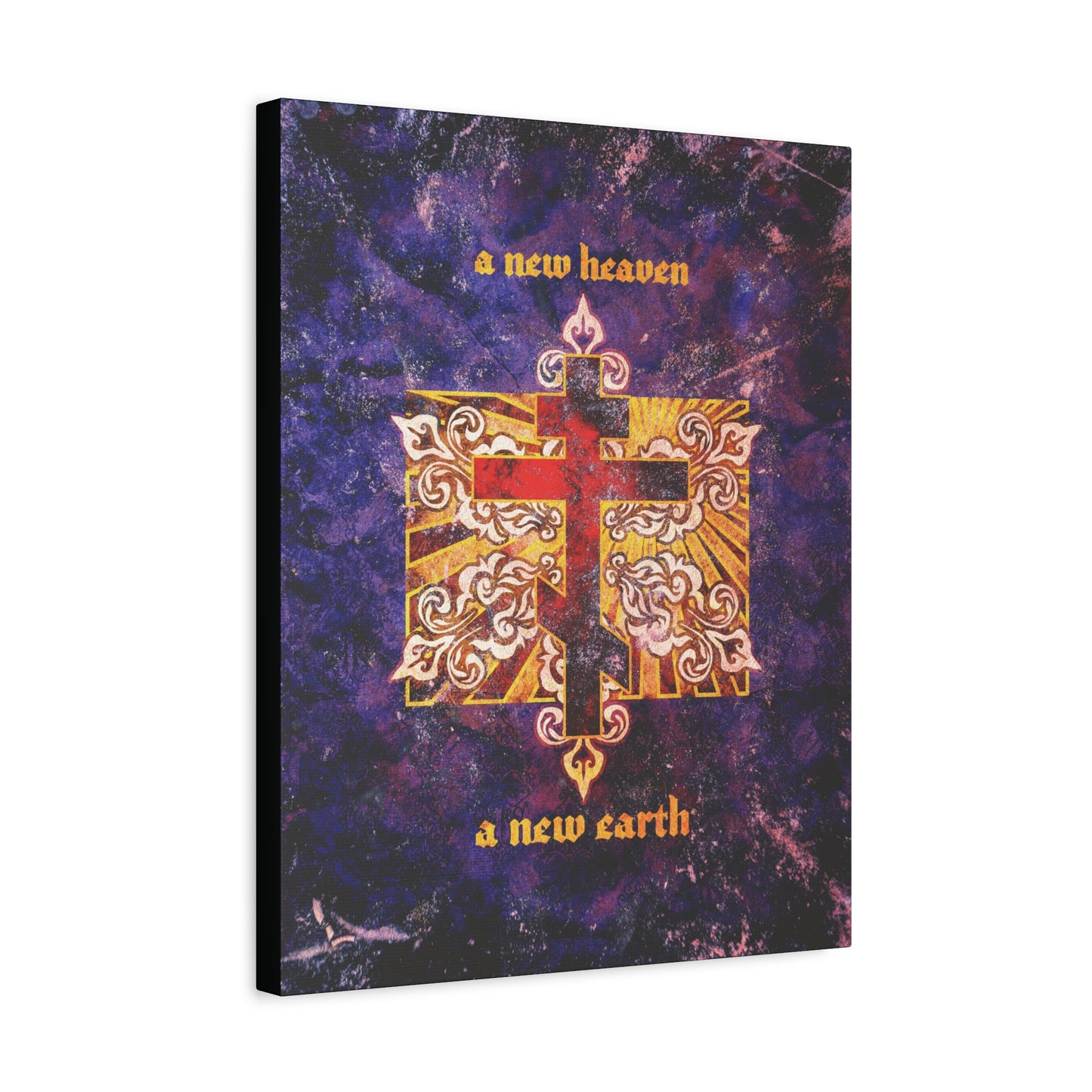 A New Heaven/A New Earth | Red Orthodox Cross on Textured Ornate Background | Christian Canvas Art