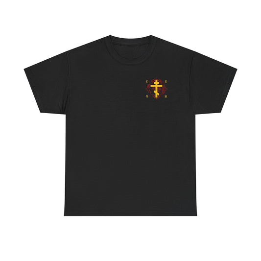 Black ICXC NIKA Heavy Cotton T-Shirt featuring a small yellow Russian Cross on an ornate red background, inspired by Orthodox Christian faith and St Kosmas Aitolos.