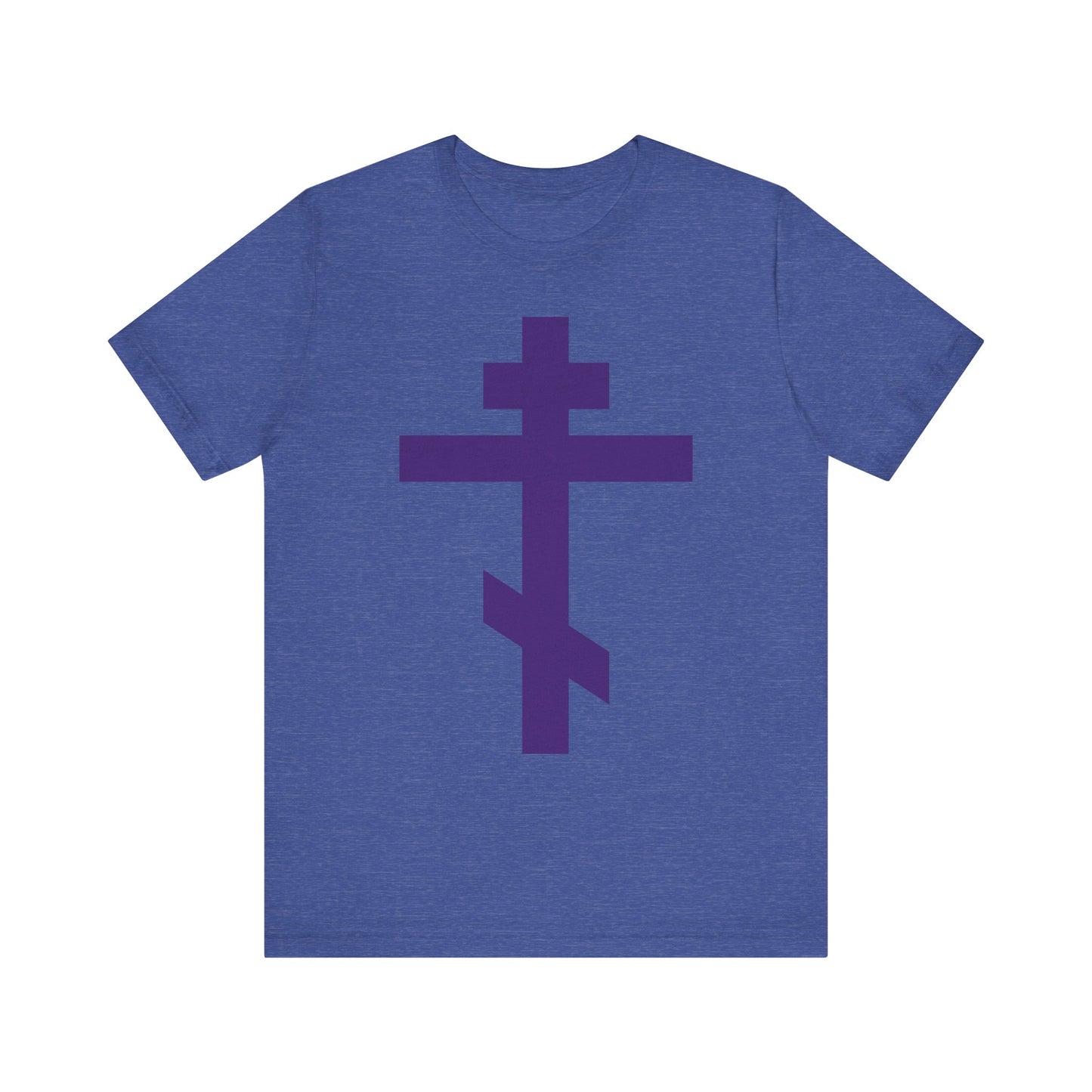 Heather True Royal T-shirt featuring a large, dark purple Orthodox tribar cross on the front, inspired by "Preserve Thy People By Thy Cross, O Lord" and proclaiming "Christ is King." Lightweight cotton unisex tee.
