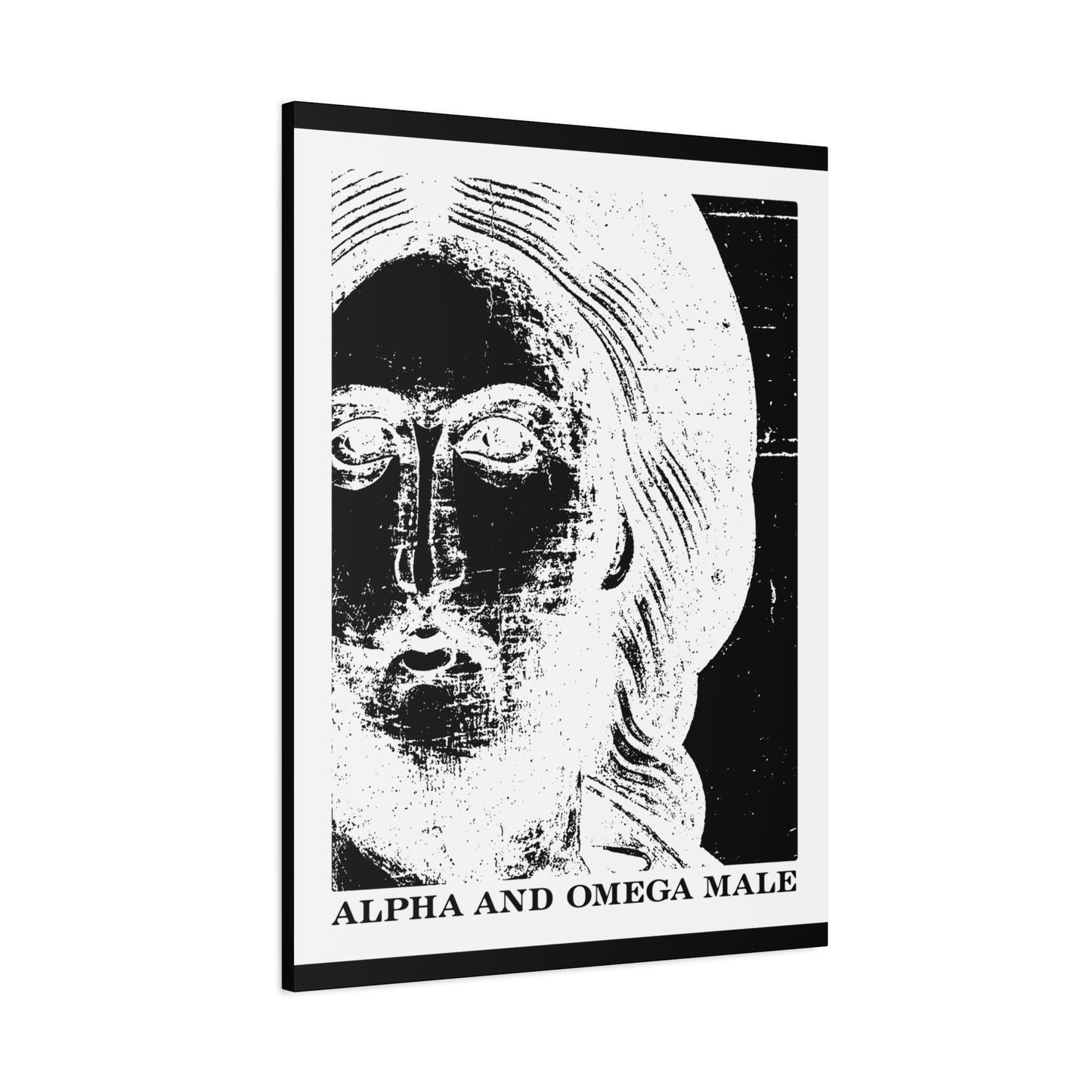 Black and white abstract portrait of Jesus Christ with "I am the Beginning & the End (Rev 22)" text, from the Alpha & Omega Male Orthodox Canvas Wall Art collection. Icono-graphic photonegative inspired by visions of a new Jerusalem.