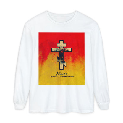 Behold, I Make All Things New (Revelation 21:5) | Cosmic Orthodox Cross on Red and Yellow Background | Orthodox Christian Long Sleeve Shirt