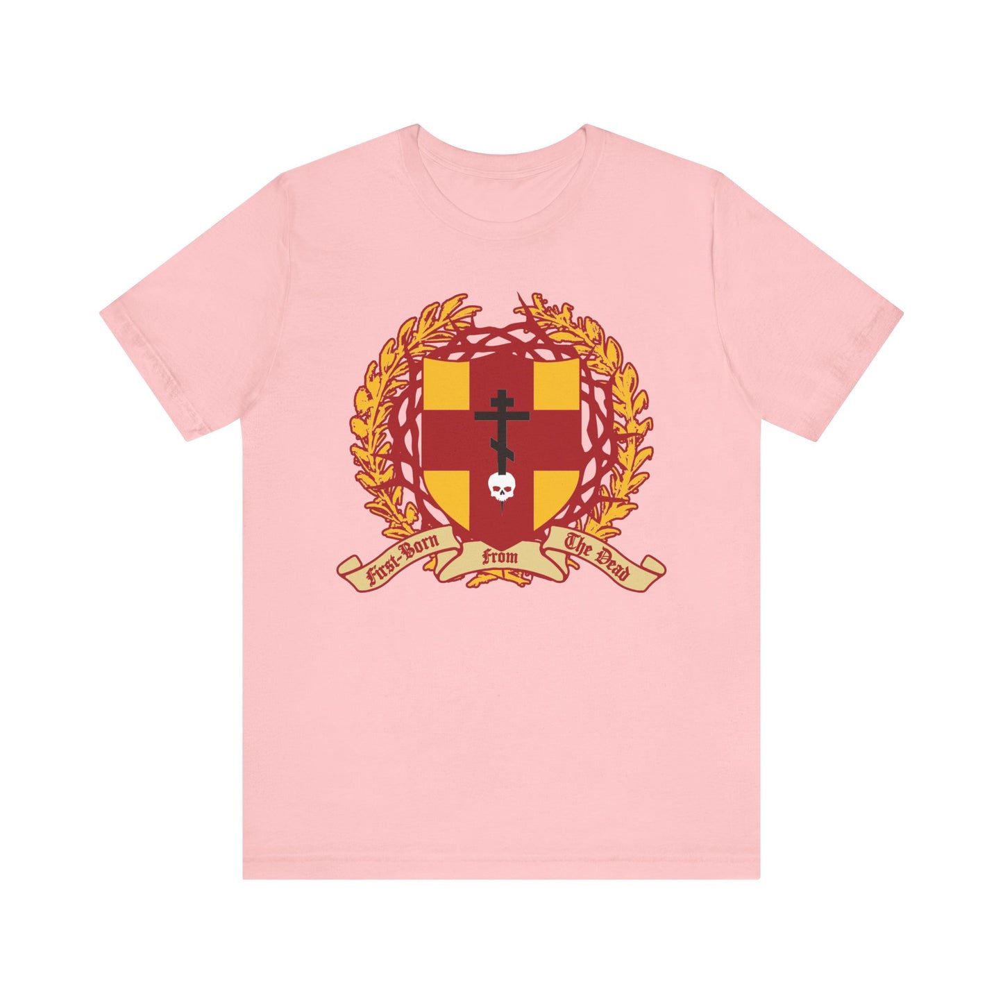 Pink “First-Born from the Dead (Col 1:18)” t-shirt features an Orthodox cross piercing a skull, a crowned heraldic shield, and a “Fear not from the new” banner—reminding us of redemption through His blood. Lightweight cotton unisex fit.