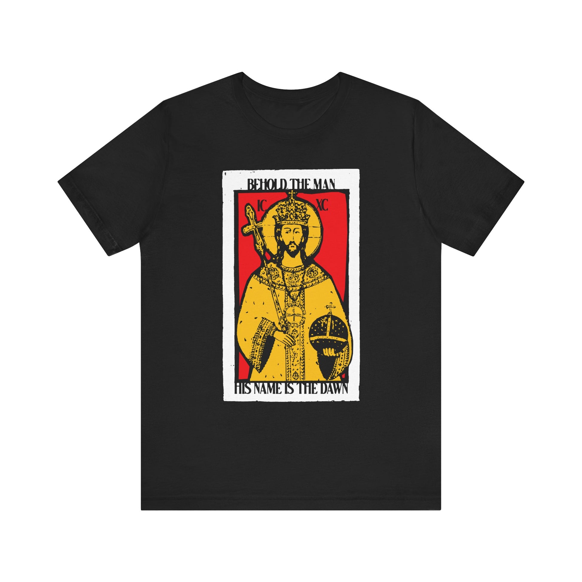 Black lightweight cotton unisex tee featuring a red and yellow Christ icon-graphic and the text "Behold the Man, His Name is the Dawn" (Zechariah 6:12 LXX). Messianic design symbolizes resurrection and hope.