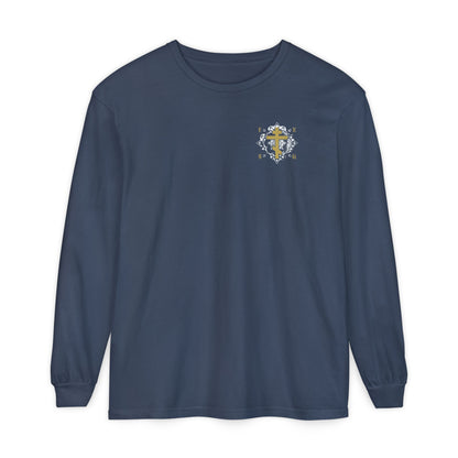 Gold Orthodox Cross ICXC NIKA  (Small Design) | White Medieval Ornate Floral Pattern | Jesus Christ Conquers | Christian Long Sleeve