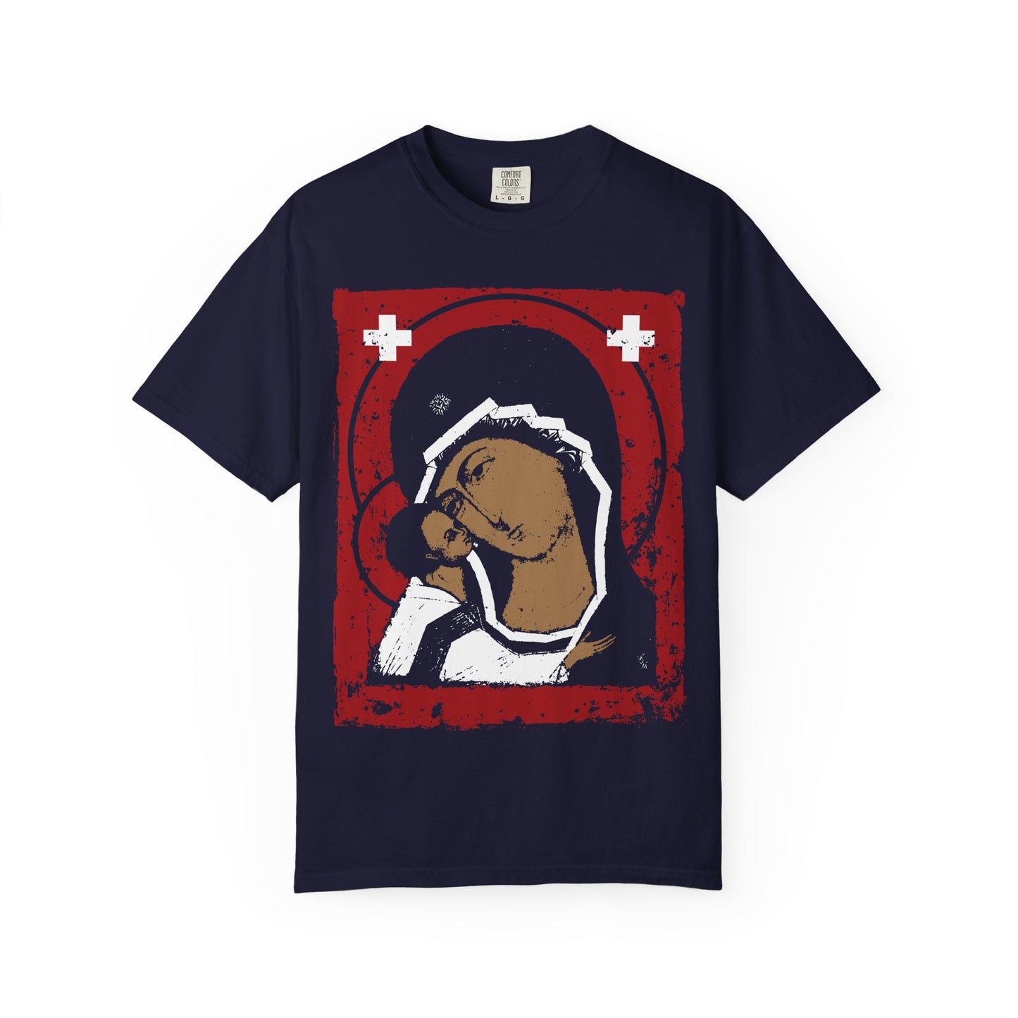 True Navy heavyweight cotton tee featuring a stylized iconographic image of the Theotokos Mother of God with Christ, inspired by the Igorevskaya Tenderness, with a red and black design and accented by two white crosses.