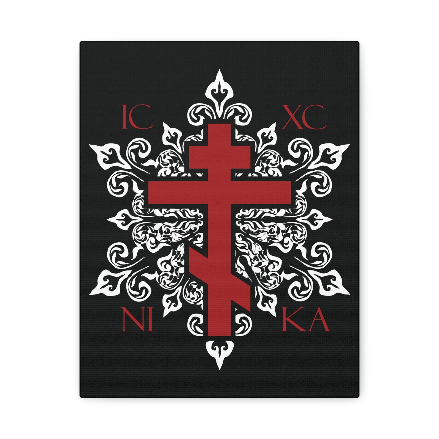 ICXC / NIKA Red Orthodox Cross on Ornate White Medieval Floral Design | Exclusive Best-Selling | Orthodox Christian Canvas Art
