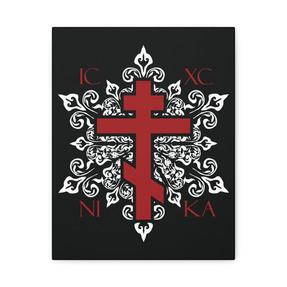 ICXC / NIKA Red Orthodox Cross on Ornate White Medieval Floral Design | Exclusive Best-Selling | Orthodox Christian Canvas Art