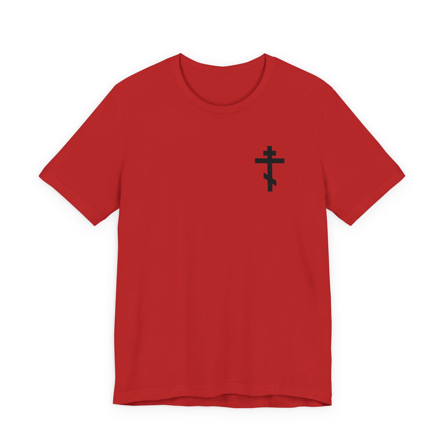 Red T-shirt featuring a small black embroidered Orthodox cross on the left chest, inspired by Galatians 6:14: "May I never boast, except in the cross of our Lord Jesus Christ." Displayed on a white background.