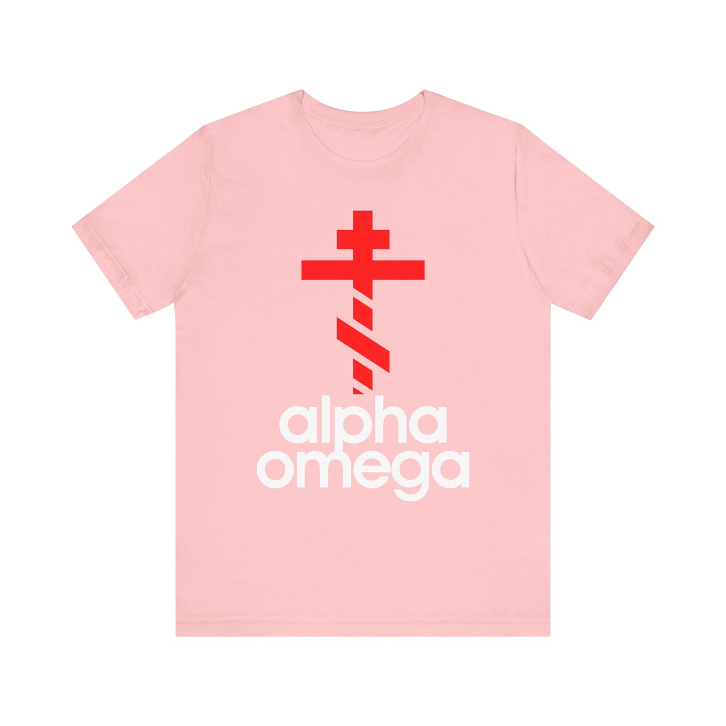 Pink Alpha & Omega Red Orthodox Cross Tee—minimalist Adidas-inspired large design with bold white text, symbolizing Christian prayer and repentance. Lightweight cotton, unisex fit.