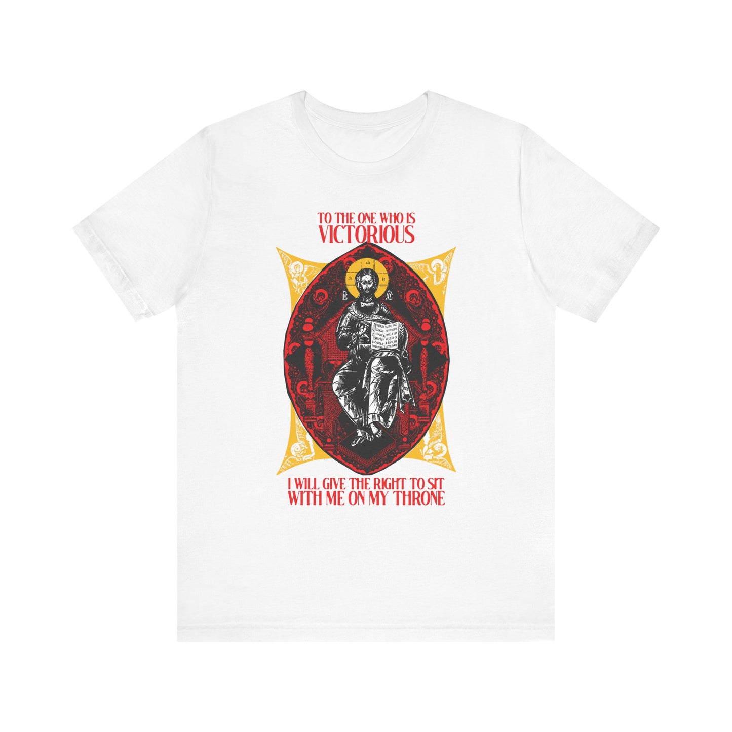 White "Christ is King, Enthroned In Glory IconoGraphic" tee with seated figure and red "To the One Who Is Victorious" (Rev 3:21) text. Lightweight cotton unisex shirt expressing Orthodox Christian faith.