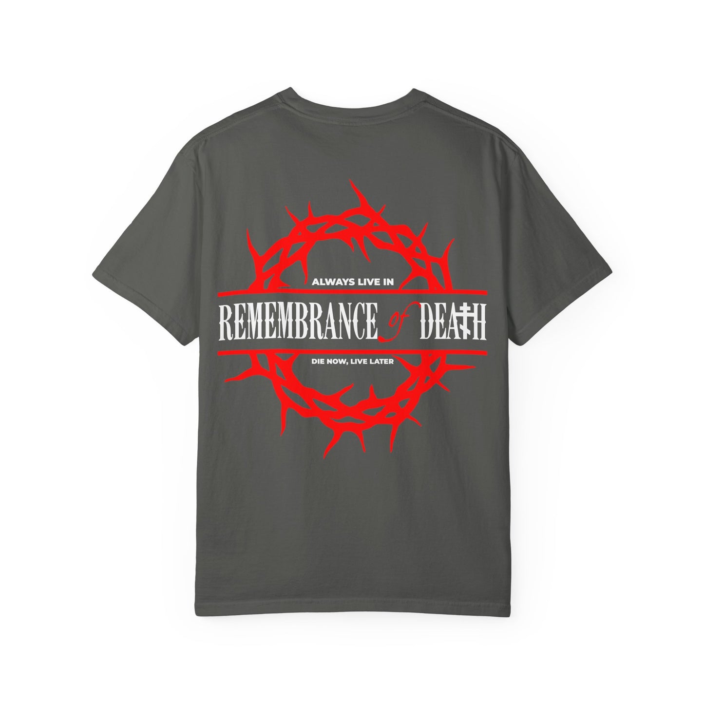 The "Always Live In Remembrance of Death Crown of Thorns" Orthodox heavyweight cotton unisex tee features a gray design with a striking red crown of thorns and the phrase "REMEMBRANCE OF DEATH" in white on the back, inspired by the ascetical teachings of St John Climacus. An Orthodox cross motif in red is also included on the front left breast, adding a meaningful touch to this distinctive shirt.