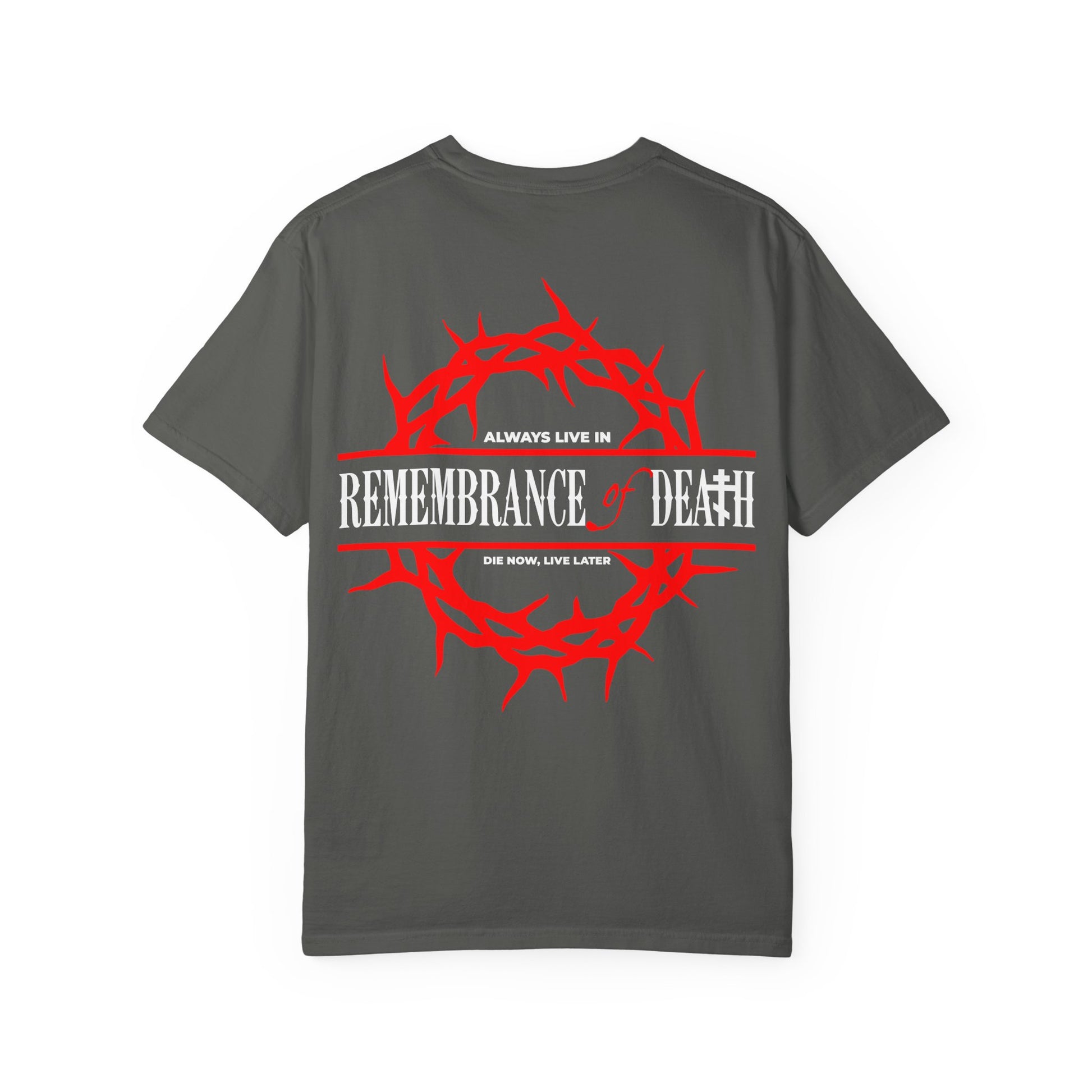 The "Always Live In Remembrance of Death Crown of Thorns" Orthodox heavyweight cotton unisex tee features a gray design with a striking red crown of thorns and the phrase "REMEMBRANCE OF DEATH" in white on the back, inspired by the ascetical teachings of St John Climacus. An Orthodox cross motif in red is also included on the front left breast, adding a meaningful touch to this distinctive shirt.