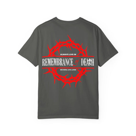 The "Always Live In Remembrance of Death Crown of Thorns" Orthodox heavyweight cotton unisex tee features a gray design with a striking red crown of thorns and the phrase "REMEMBRANCE OF DEATH" in white on the back, inspired by the ascetical teachings of St John Climacus. An Orthodox cross motif in red is also included on the front left breast, adding a meaningful touch to this distinctive shirt.