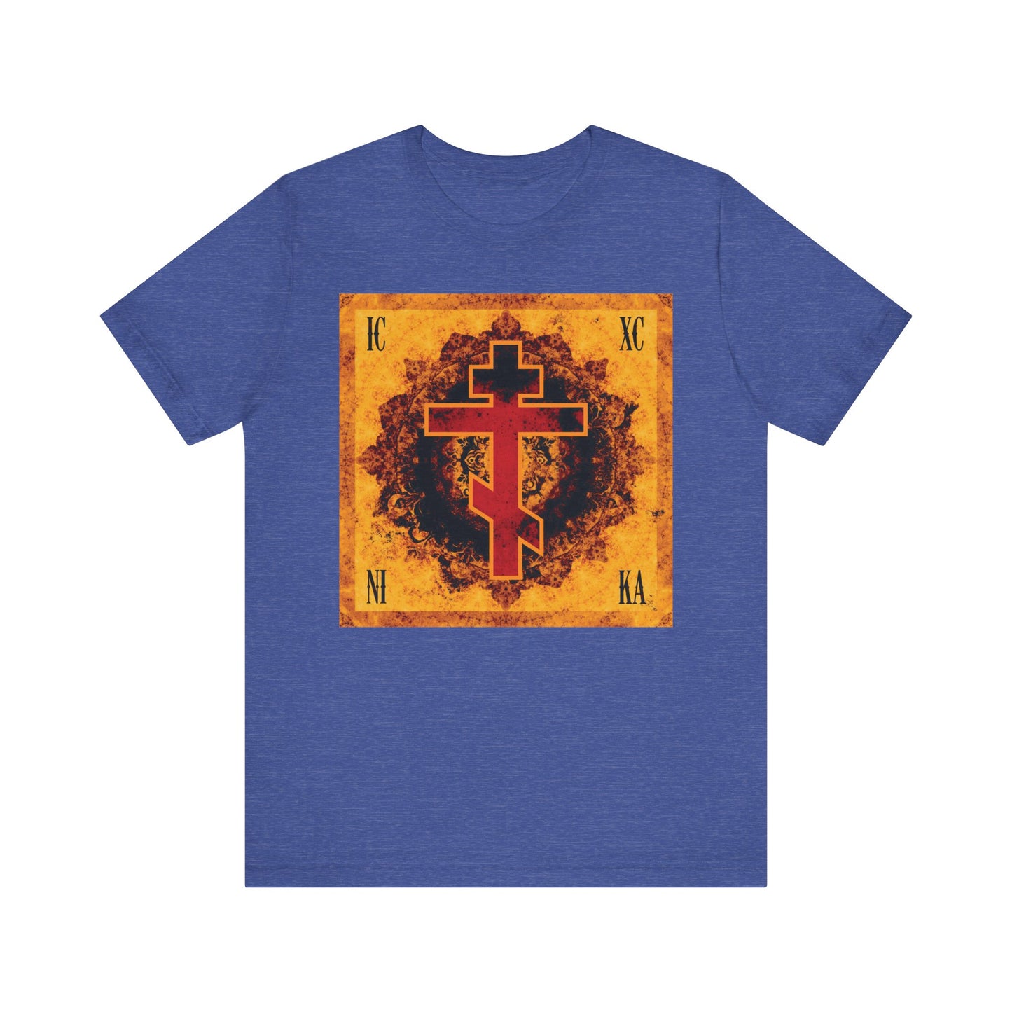 Heather True Royal t-shirt featuring an ornate Orthodox cross design with bright orange and red accents, set in a square with Greek letters in each corner—a tribute to the Elevation of the Precious Cross; ICXC NIKA Lightweight Cotton Unisex T-Shirt.
