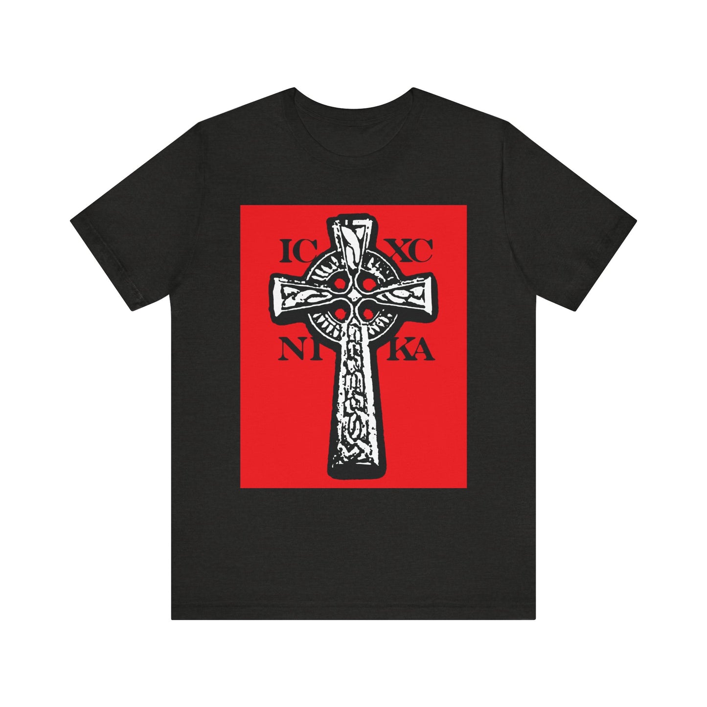 Here is a revised version of your sentence using the given product data: Black Heather lightweight cotton unisex t-shirt featuring a black and white ICXC NIKA Celtic knotwork cross on a red background, with Greek letters around the cross symbolizing "Jesus Christ Conquers" and celebrating the power of the Crucified Saviour.