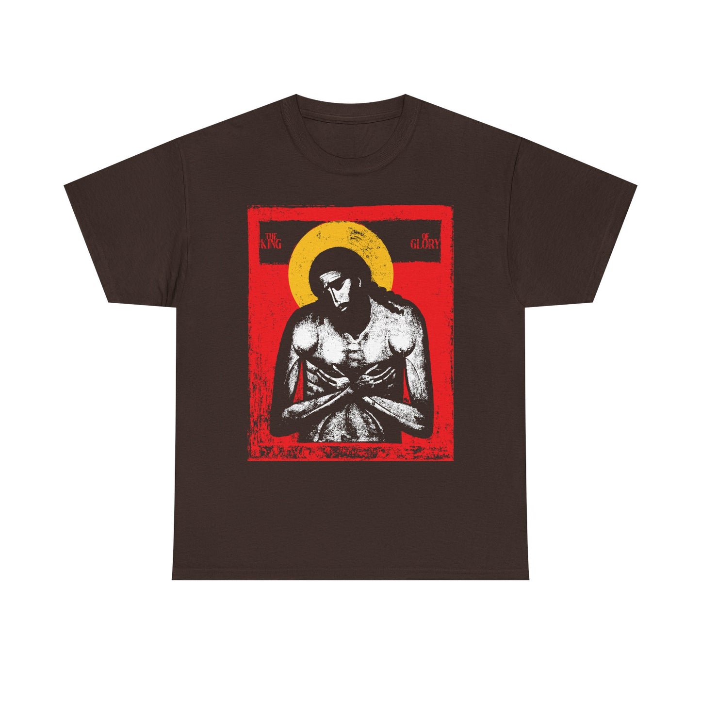 Dark chocolate t-shirt featuring "Extreme Humility" IconoGraphic of Jesus Christ, with a sorrowful figure and yellow halo on red. Inspired by Isaiah 53 and Christian devotional themes. Heavy cotton.