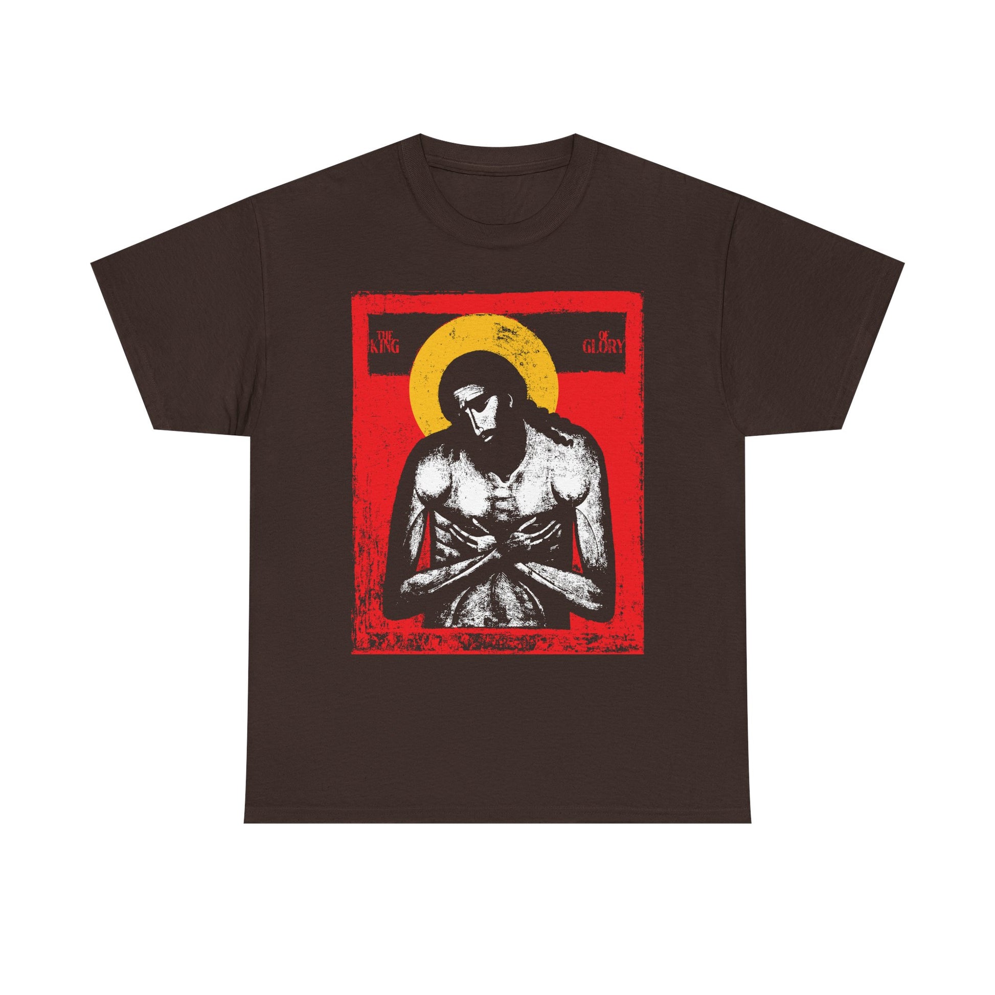 Dark chocolate t-shirt featuring "Extreme Humility" IconoGraphic of Jesus Christ, with a sorrowful figure and yellow halo on red. Inspired by Isaiah 53 and Christian devotional themes. Heavy cotton.