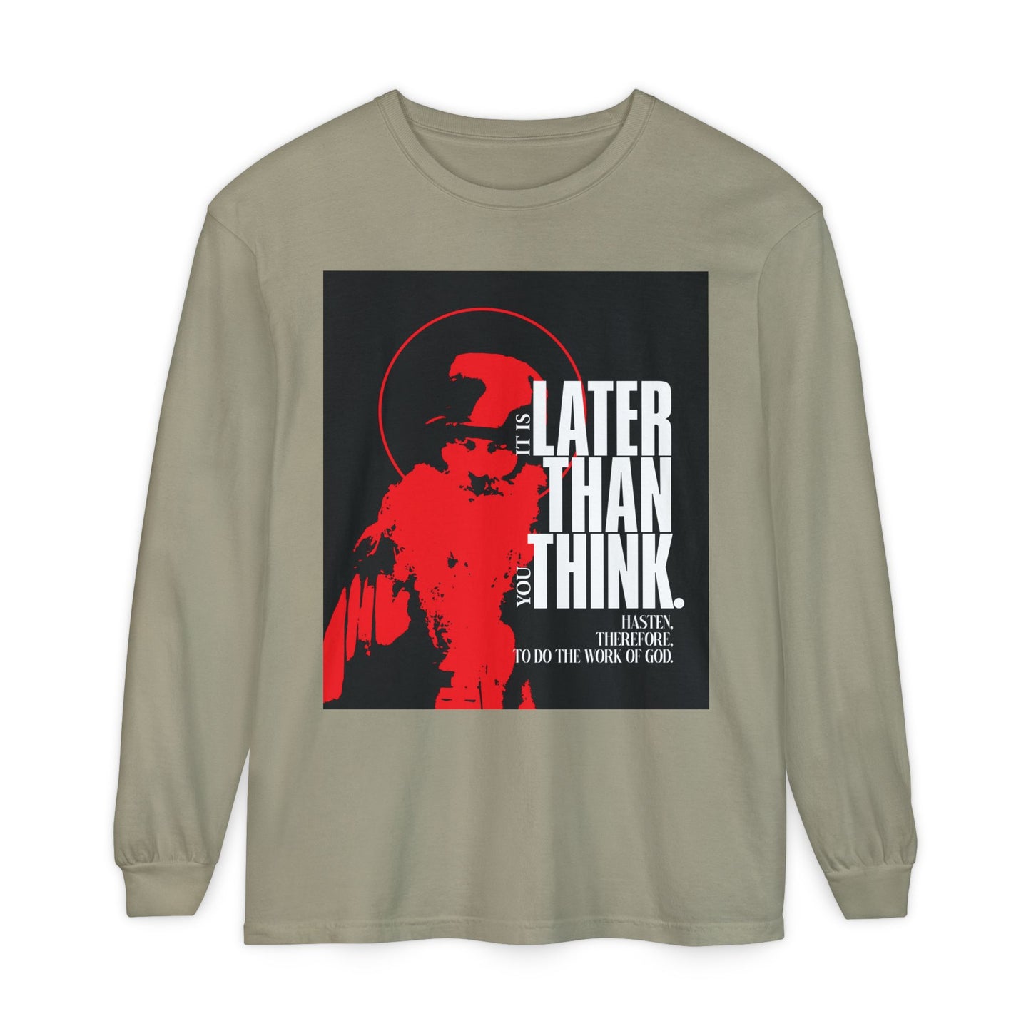 Sandstone long-sleeve cotton shirt features a minimal red halo design and the phrase "It’s later than you think," inspired by Seraphim Rose's apocalyptic Christian ethos.