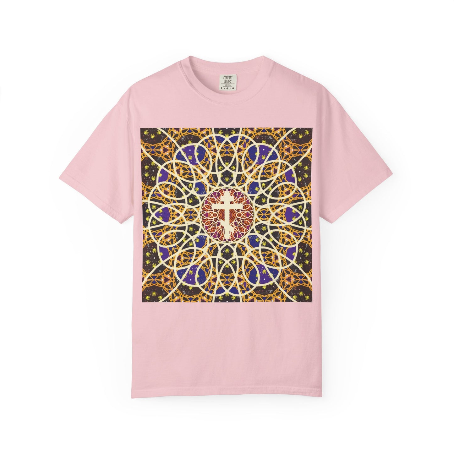 Blossom heavyweight cotton unisex T-shirt featuring the “Medieval Cosmology Rose Window Orthodox Cross” design—a stained glass rose window motif with a central cross—echoing the serene beauty of Tone 6 Sunday Matins and the timeless elegance of “Let all the earth venerate the Cross.”.