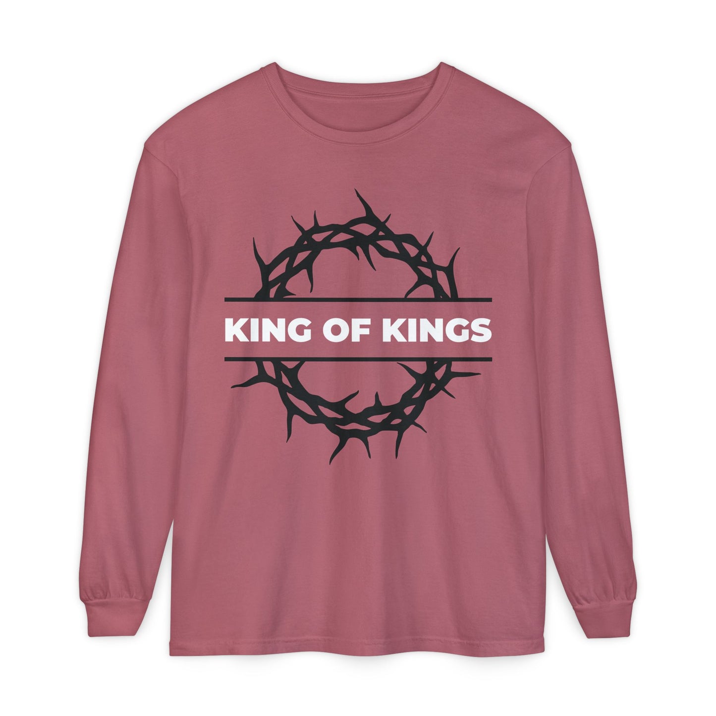 Crimson long sleeve cotton shirt with black crown of thorns and "KING OF KINGS" in white text on chest, inspired by Revelation 19:16. King of Kings Crown of Thorns | The King of Glory | Christ is King.