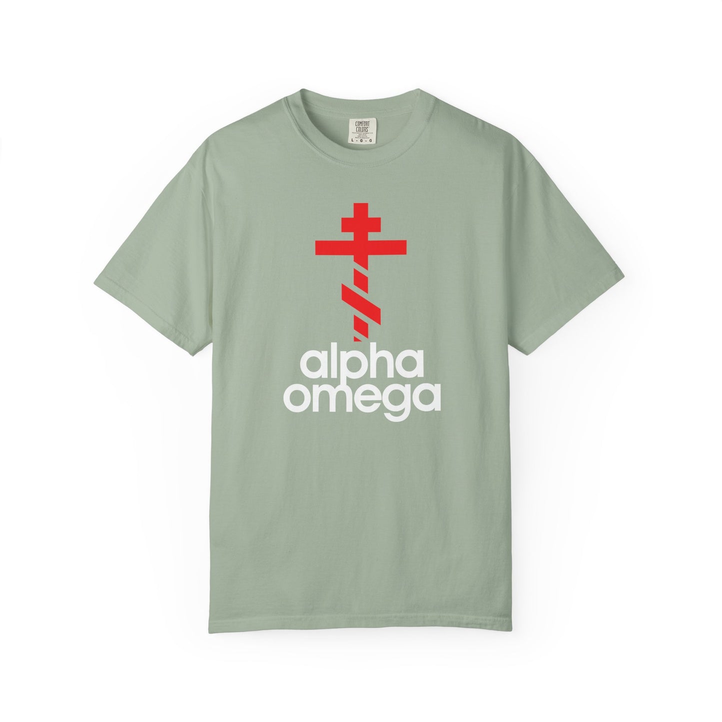 Certainly! Here’s a rewritten sentence using the provided product data: Bay-colored Alpha & Omega Red Orthodox Cross (Large Design) unisex tee, featuring a minimalist Adidas-inspired logo mashup with a red Orthodox cross above bold white “Alpha Omega” text, representing key elements of Christian life like prayer and repentance.