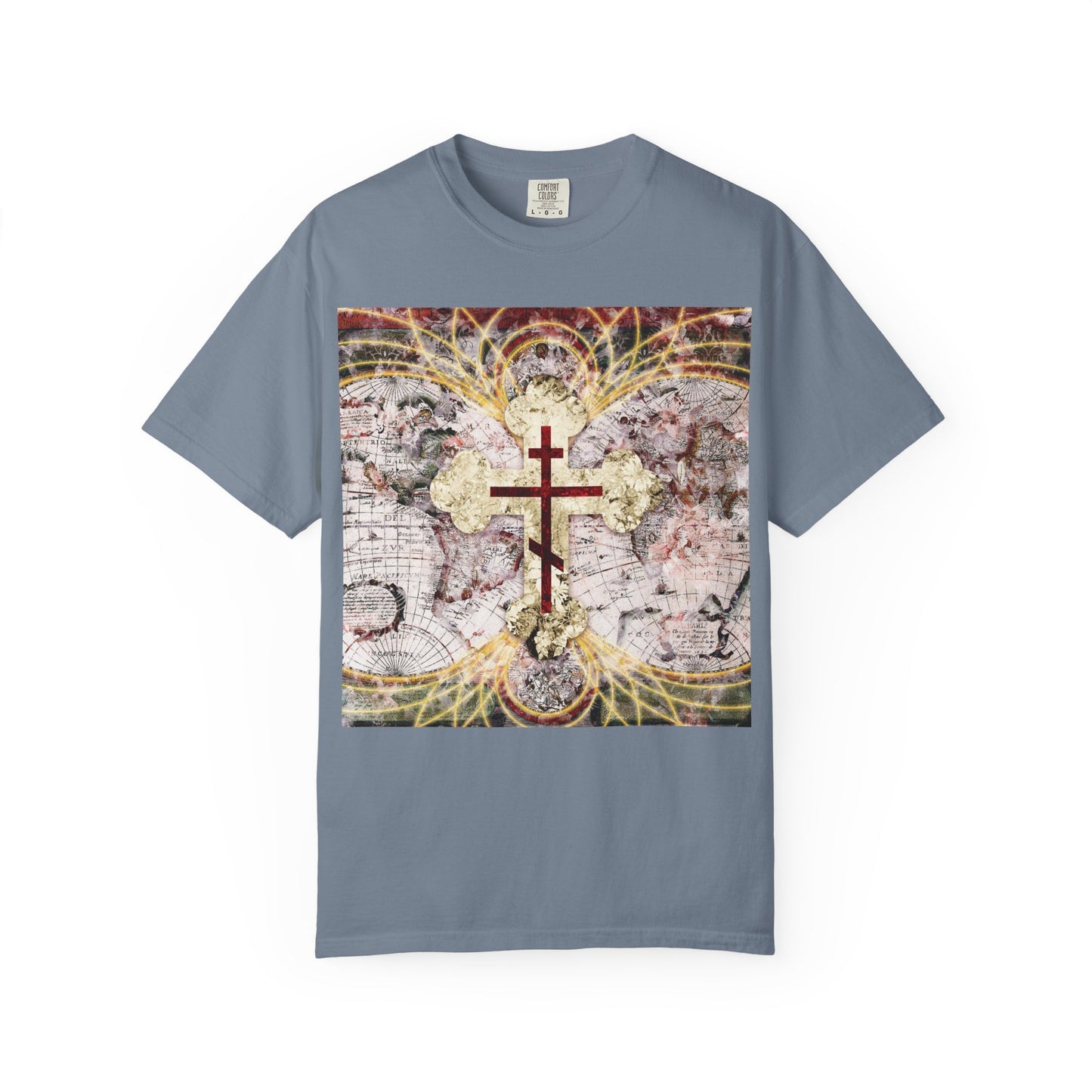 Blue Jean heavyweight cotton unisex tee featuring a striking red Orthodox cross set atop an antique map with glowing magnetic lines, inspired by “Conqueror of Death” and Revelation 1:18, with subtle motifs of the keys of Death and Hades.