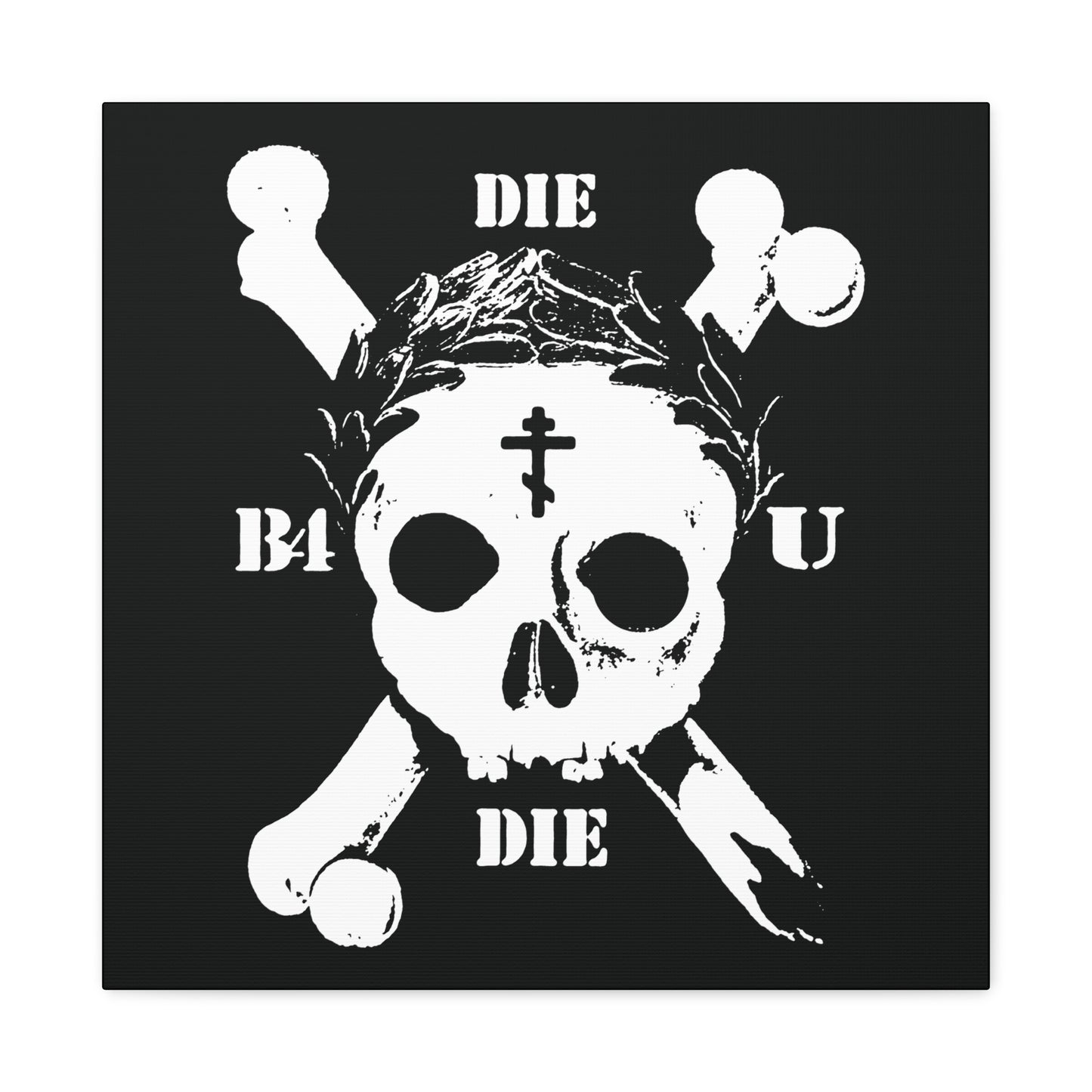 Die Before You Die | Retro Skull & Crossbones with Orthodox Cross and Laurel Victory Wreath—Memento Mori ascetic Christian wall art inspired by Matthew 16:24-25.