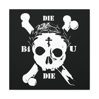 Die Before You Die | Retro Skull & Crossbones with Orthodox Cross and Laurel Victory Wreath—Memento Mori ascetic Christian wall art inspired by Matthew 16:24-25.