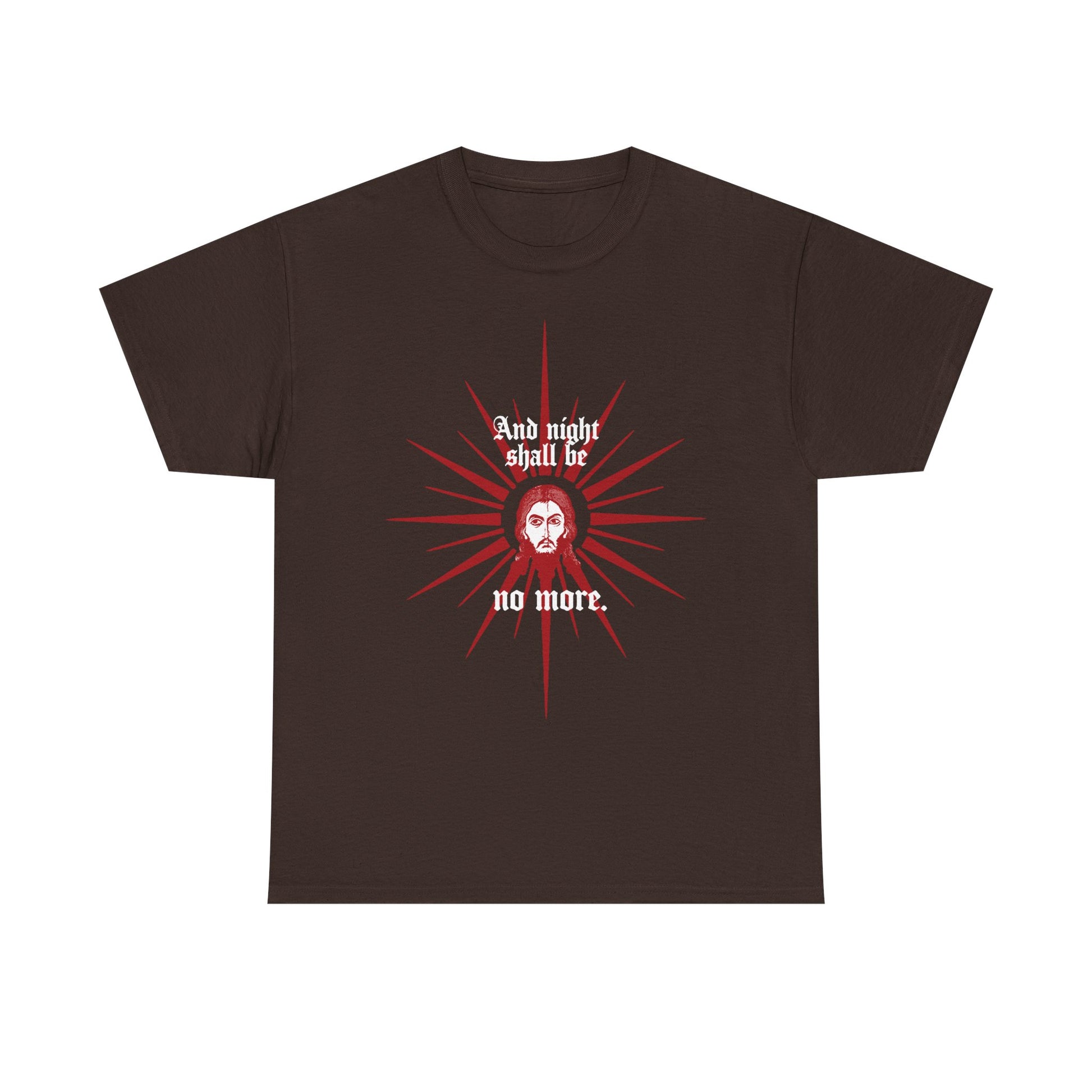 Dark Chocolate t-shirt featuring a red and white Face of Jesus Christ icon, with “And Night Shall Be No More (Rev 22:5)” in Orthodox Christian style—heavy cotton for comfort.