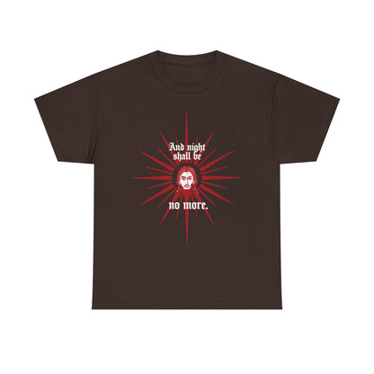 Dark Chocolate t-shirt featuring a red and white Face of Jesus Christ icon, with “And Night Shall Be No More (Rev 22:5)” in Orthodox Christian style—heavy cotton for comfort.