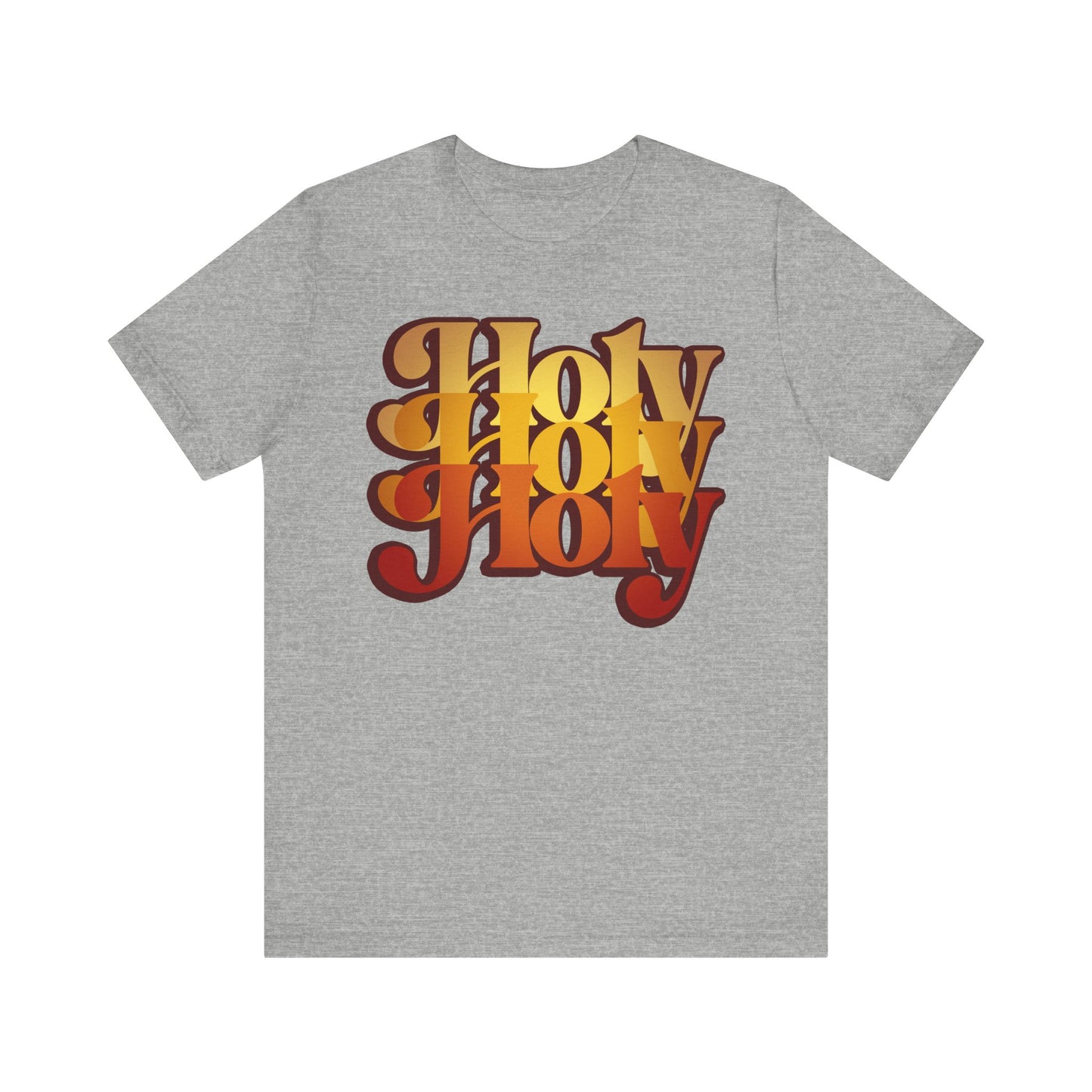 Athletic Heather unisex cotton tee with "Holy Holy Holy" in large, retro orange and yellow gradient text, inspired by the Isaiah 6 trisagion liturgical prayer. 70s style design referencing cherubim & seraphim; Orthodox-inspired.