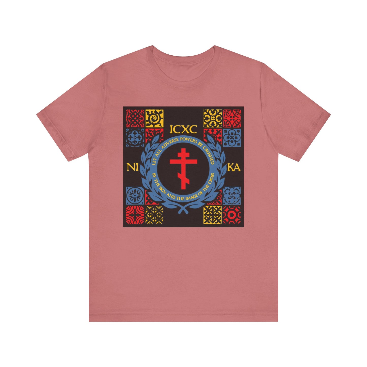 Mauve "Let All Adverse Powers Be Crushed" lightweight cotton t-shirt features a red, yellow & blue medieval tile ICXC NIKA cross emblem with a vibrant patterned border on the chest.
