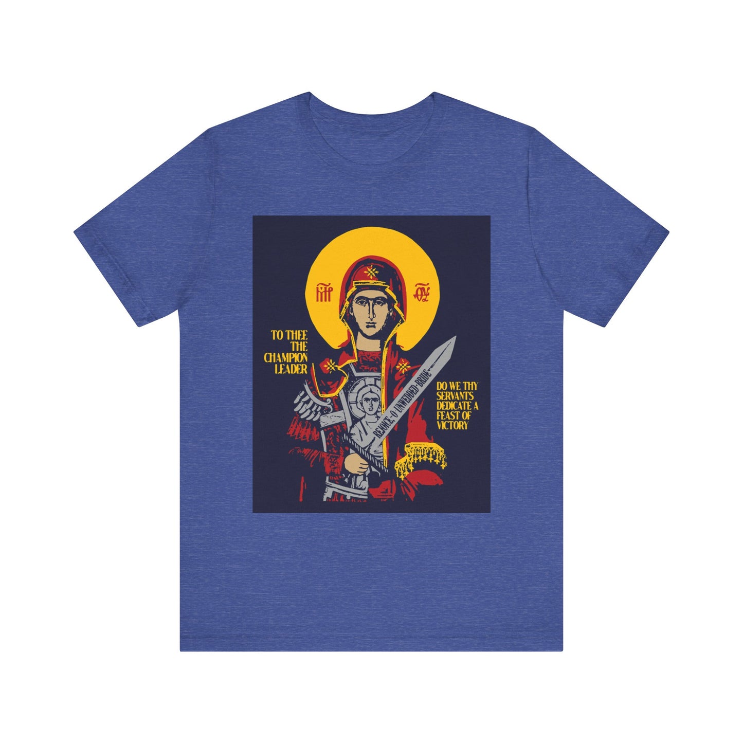 Heather True Royal tee featuring "To Thee the Champion Leader" iconographic artwork of the Mother of God (Theotokos) with sword, inspired by Orthodox Christian design. Lightweight cotton unisex t-shirt.