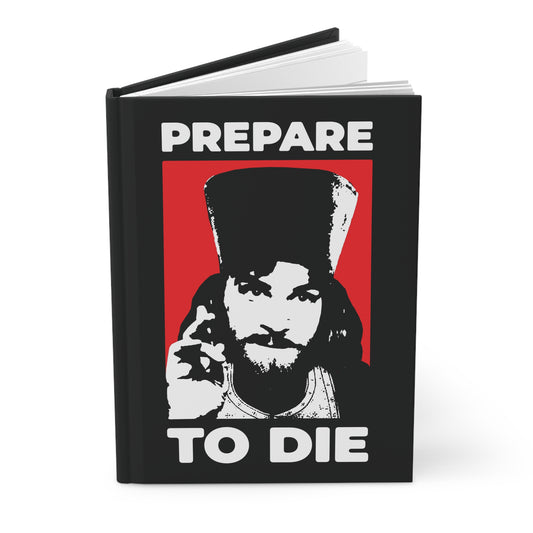 A black hardcover journal titled "Prepare to Die | Remember You Will Die" features Inigo Montoya as an Orthodox priest giving a blessing, inspired by Orthodox Christian themes.