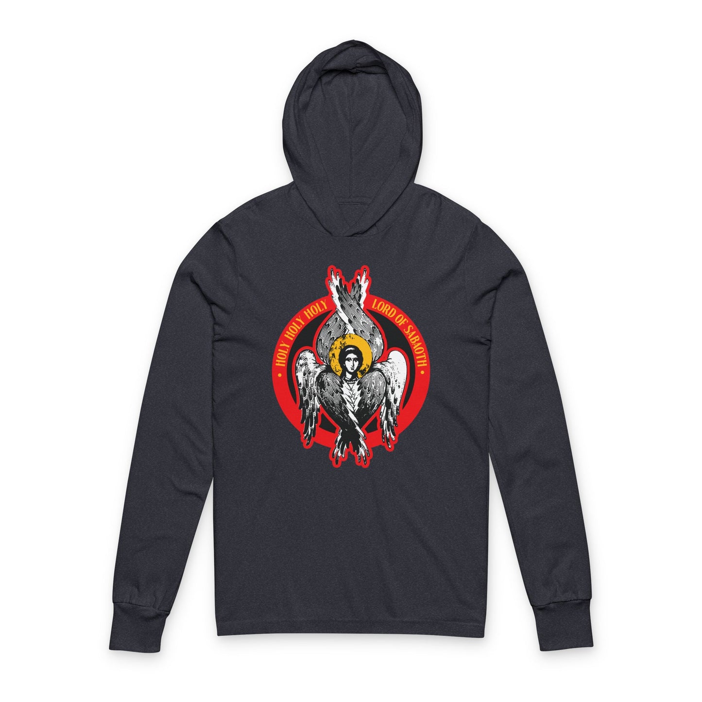 Heather navy hoodie featuring an Orthodox seraphim angel icon inspired by Isaiah 6, with "Holy Holy Holy, Lord of Sabaoth—Lord of Hosts" text. A nod to the unseen realm and Orthodox Christian tradition.