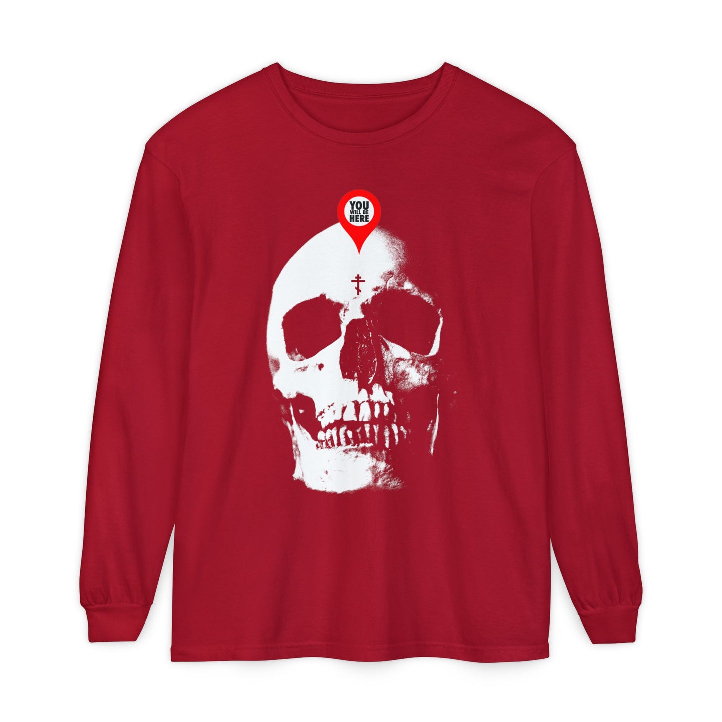 Red long-sleeve "You Will Be Here Maps Marker on Skull" shirt featuring a bold white skull, reminder text, and memento mori theme—Orthodox-inspired remembrance of death.