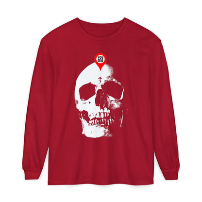 Red long-sleeve "You Will Be Here Maps Marker on Skull" shirt featuring a bold white skull, reminder text, and memento mori theme—Orthodox-inspired remembrance of death.