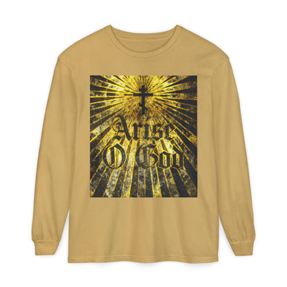 Mustard long-sleeve shirt featuring "Arise O God" in textured gothic font, Orthodox cross, and golden rays—design inspired by Psalm 81 (82 LXX) and the council of gods theme.