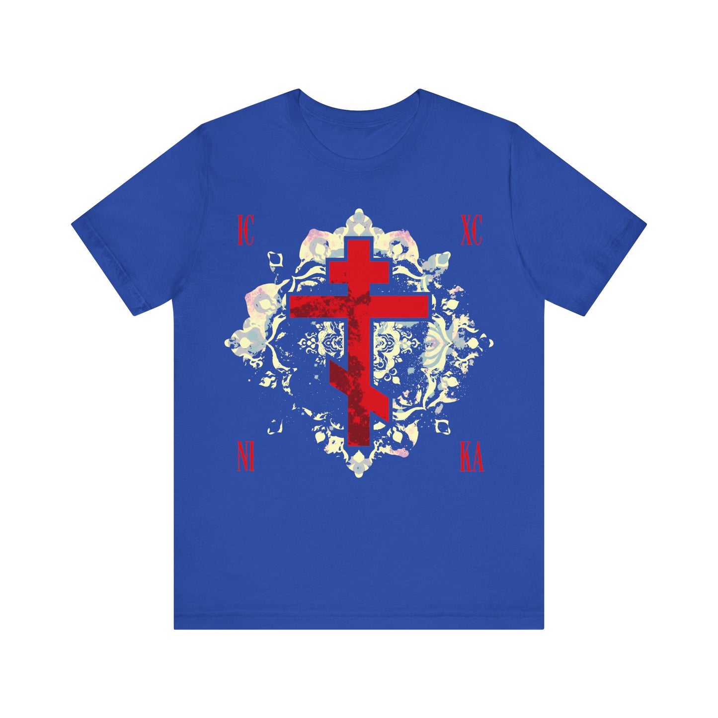 True Royal cotton T-shirt featuring a textured red Orthodox cross, medieval floral pattern, and "ICXC NIKA"—Jesus Christ Conquers—inspired by Orthodox faith and St. John of Kronstadt's teachings.