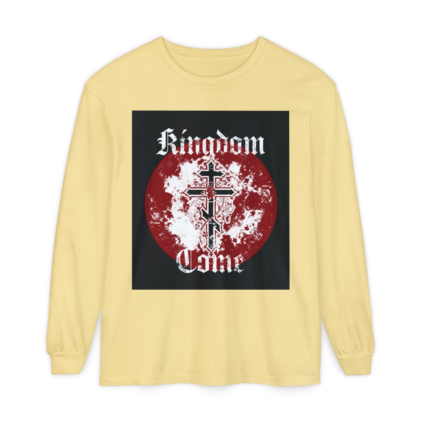 Kingdom Come | Lord's Prayer | Orthodox Cross with Vine | Textured Gothic Font | Orthodox Long Sleeve Cotton Shirt