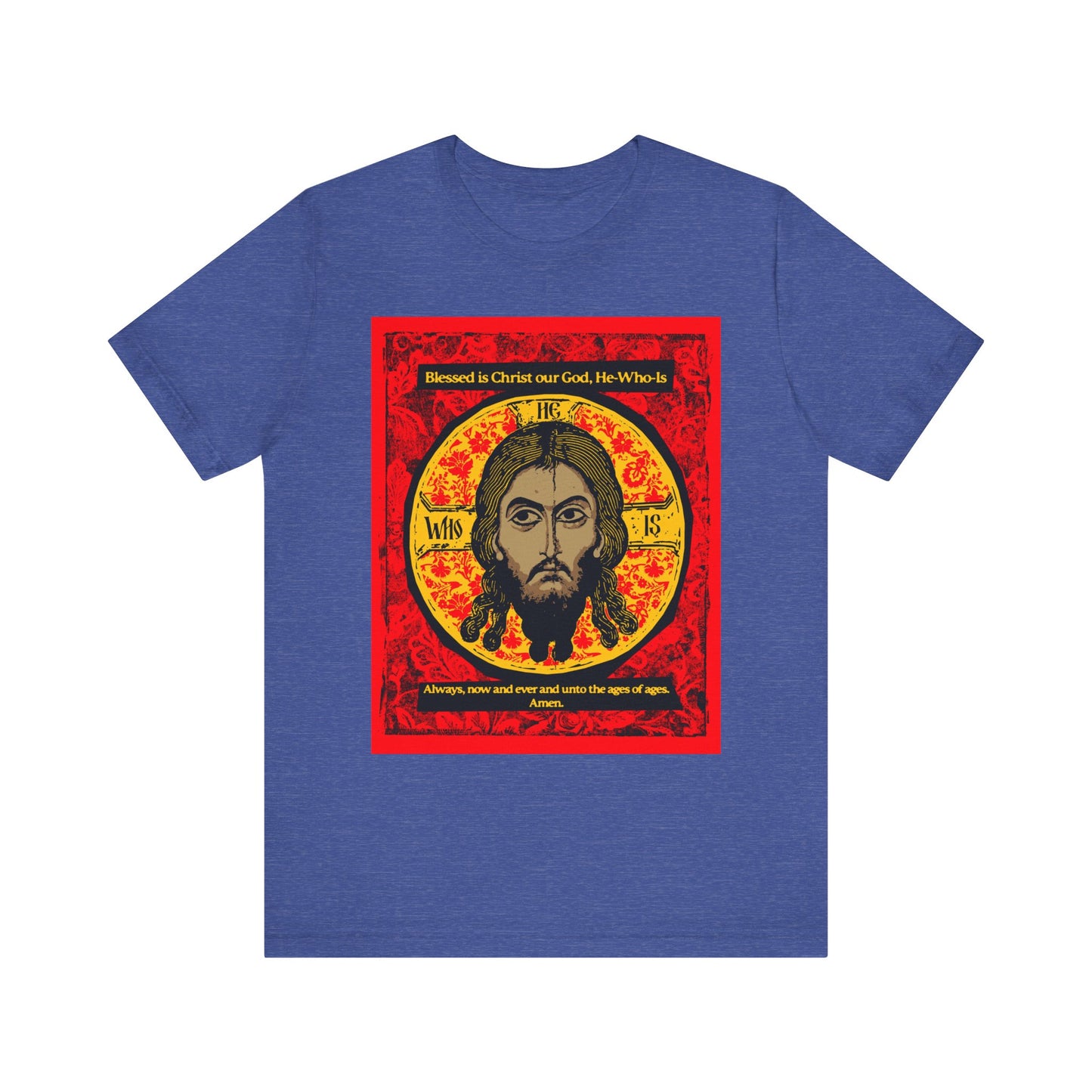 Heather True Royal tee featuring the Made Without Hands (Mandylion) Orthodox icon of Christ, with a bold red and gold backdrop and an inspiring hymn above and below. Lightweight unisex cotton for comfort and style.