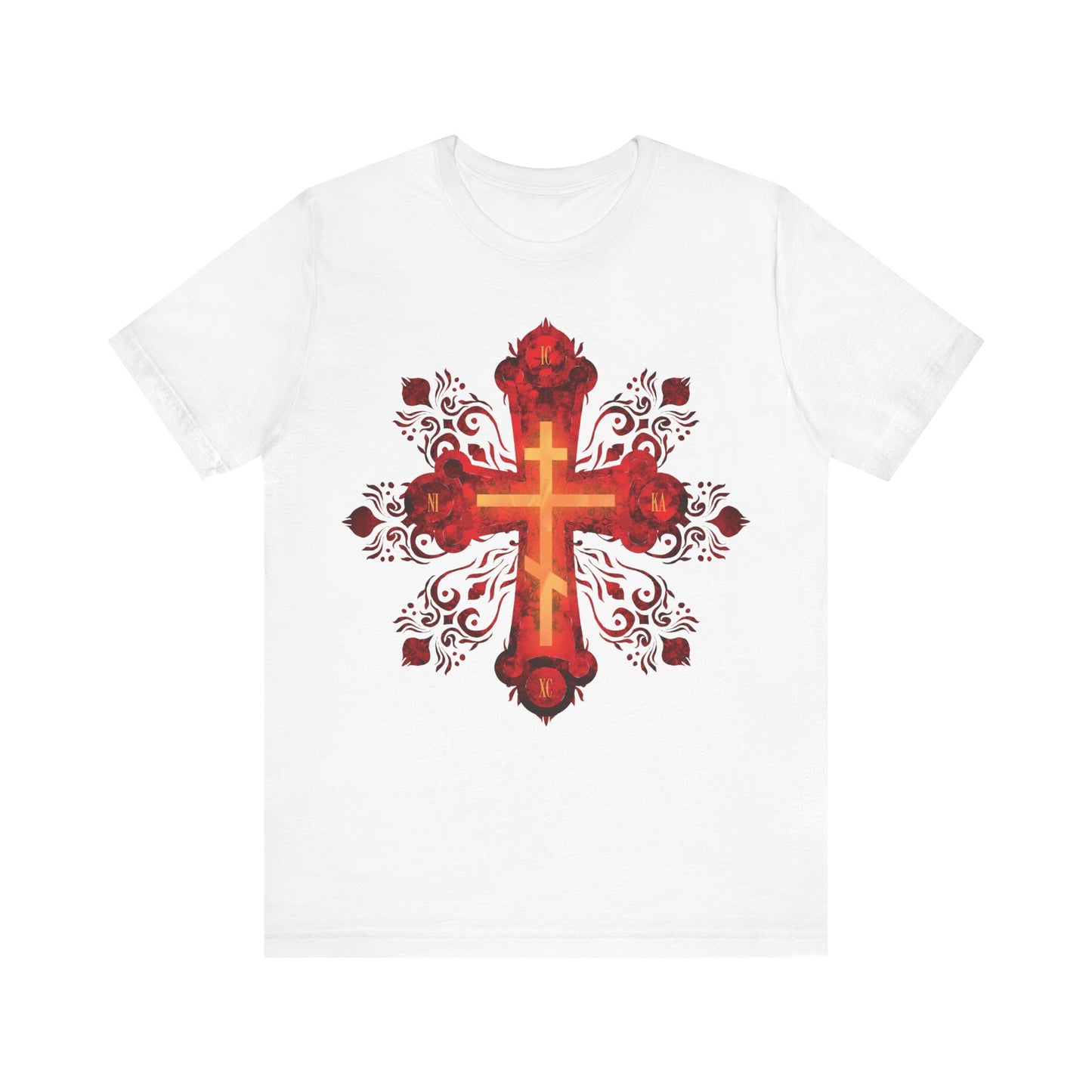 White tee featuring a red and gold ornate Russian-style Orthodox cross with floral swirls, inscribed "He was pierced for our transgressions." Christian cotton unisex shirt.