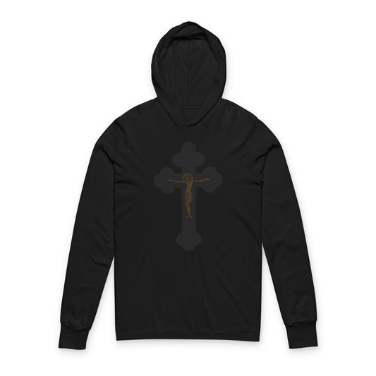 Black Orthodox hooded shirt featuring a minimalist bronze crucifix design and the phrase "I Am Crucified with Christ," inspired by ascetic tradition and graphic iconography.