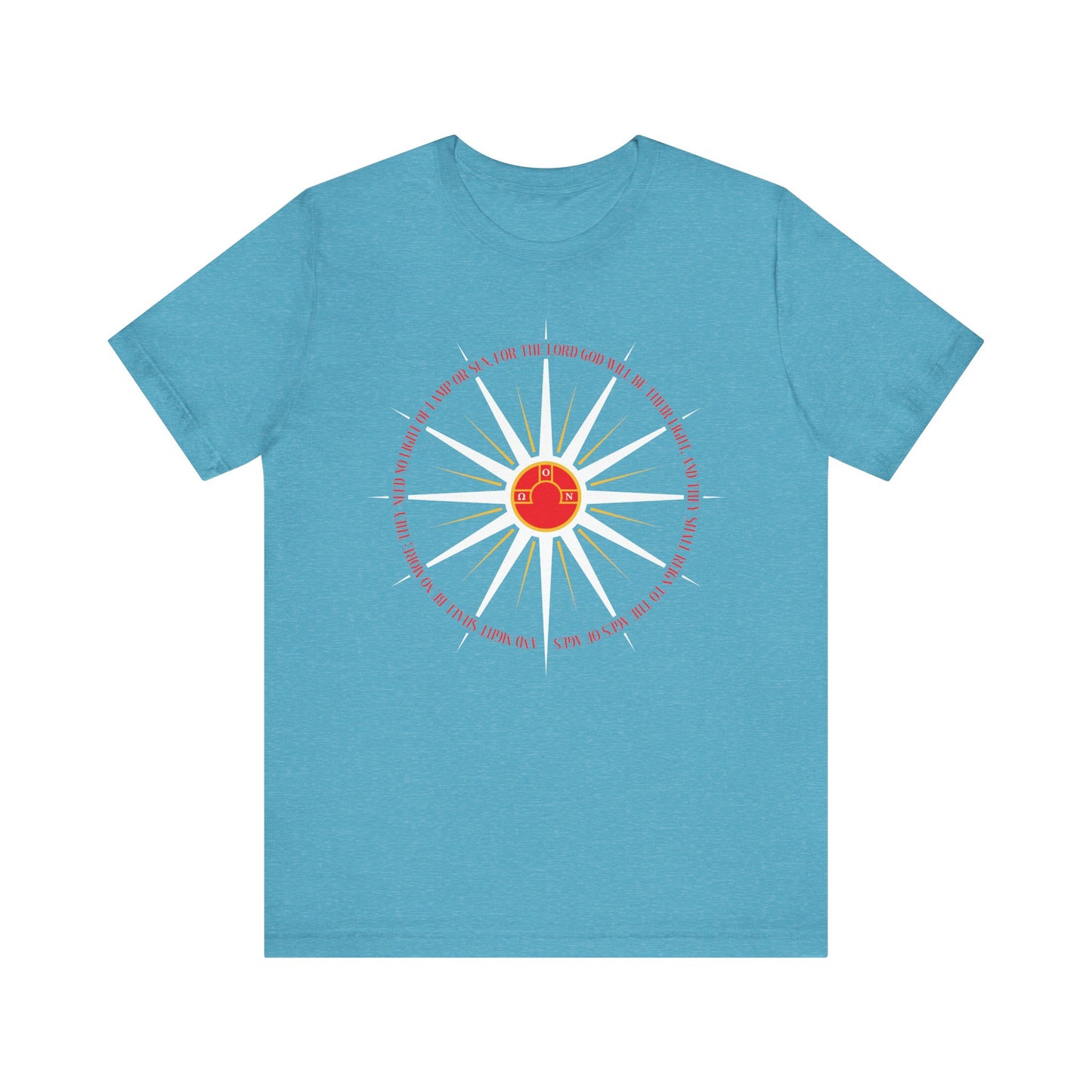 Heather Aqua t-shirt, "And Night Shall Be No More (Rev. 22:5)", features blazing sun rays and apocalyptic imagery inspired by the Orthodox Christian journey to our heavenly homeland. Lightweight cotton for comfort.