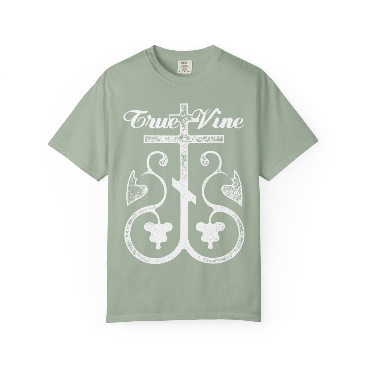 Bay-colored heavyweight cotton unisex T-shirt showcasing a white Orthodox cross entwined with a grape vine and the phrase “I Am the True Vine,” inspired by John 15 and Ezekiel 15, designed in a photocopy effect.