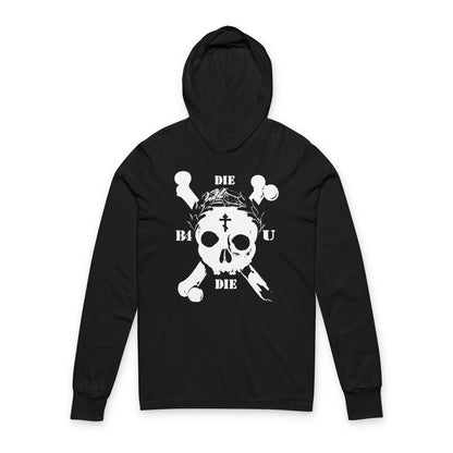 The Die Before You Die | Retro Skull & Crossbones Orthodox Christian hoodie in black features a white skull, crossbones, Orthodox cross, laurel wreath, and "DIE BEFORE YOU DIE" text—Memento Mori inspired by Matthew 16:24-25.