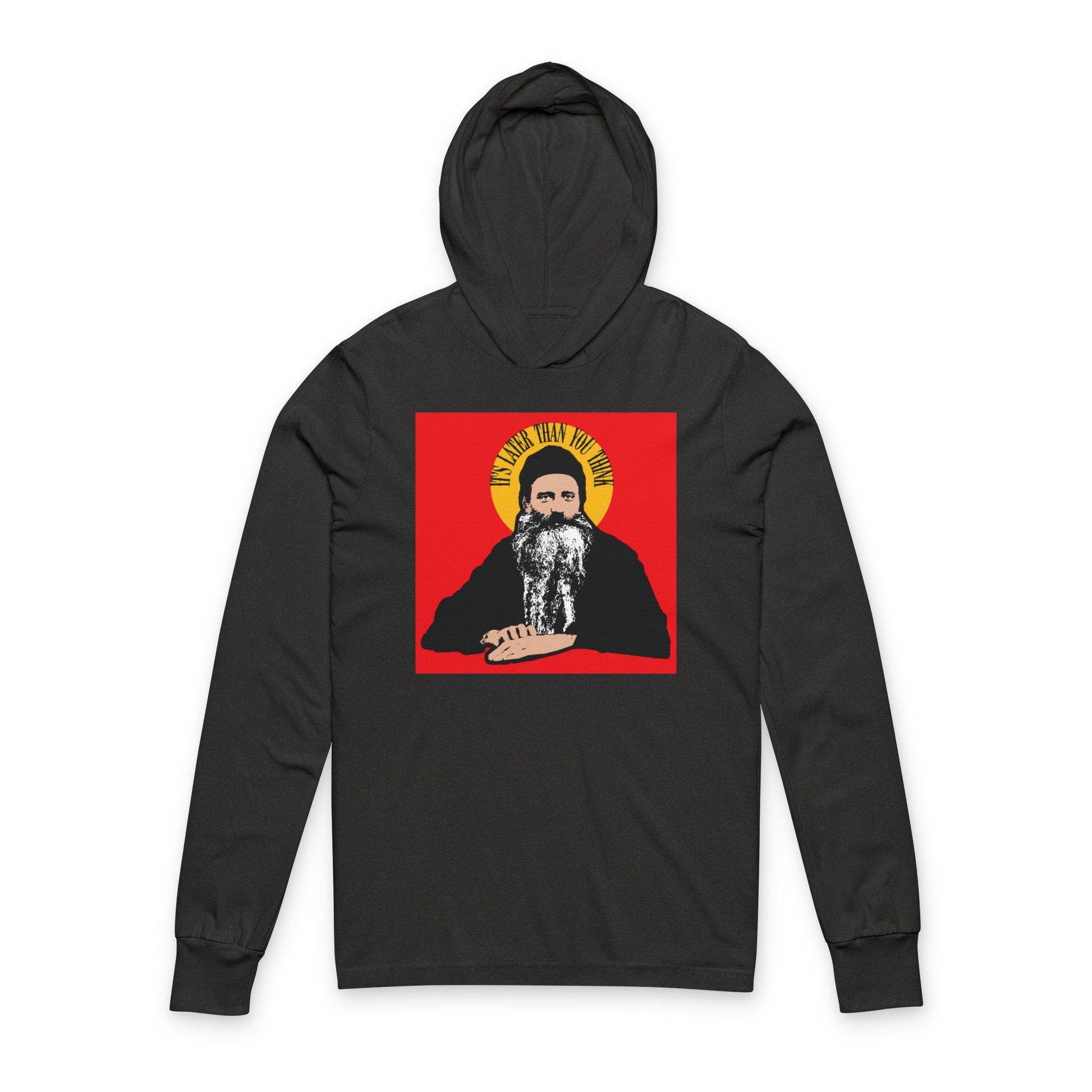 Charcoal black hoodie featuring "It's Later Than You Think" and a Fr Seraphim Rose quote in a yellow halo—modern American Orthodox Christian saint design.